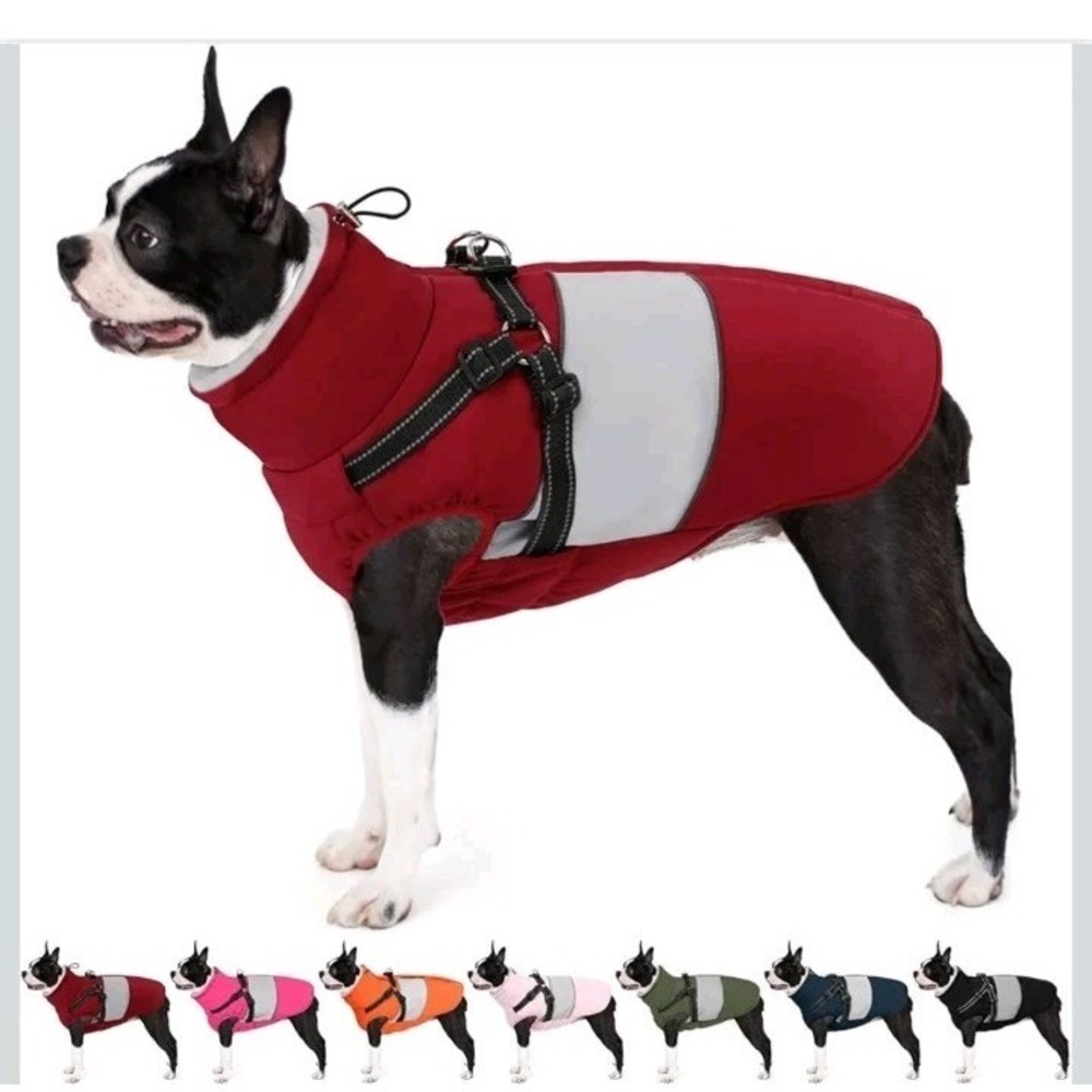 AOFITEE 2 in 1 Dog Coat Built-in harness Zip Jacket Grey Red Small 17.3" chest‎